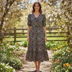 Draper James RSVP Black Floral Print Dress Billow Short Sleeve Size S